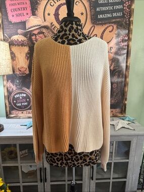NWT ROXY Colorblock Two-Tone Knit Sweater - Cream & Mustard  Size L